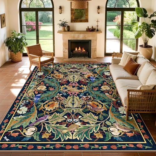 nesrt Jungle Living Room Area Rug 6x9,Boho Washable Floral Large Bedroom Rugs Non Slip, Soft Faux Wool Botanical Woodland Birds Carpet for Kids Playroom Dining Room Dorm Nursery Office (Dark Green) - color: Dark Green, size: 6' x 9' (Rectangular)