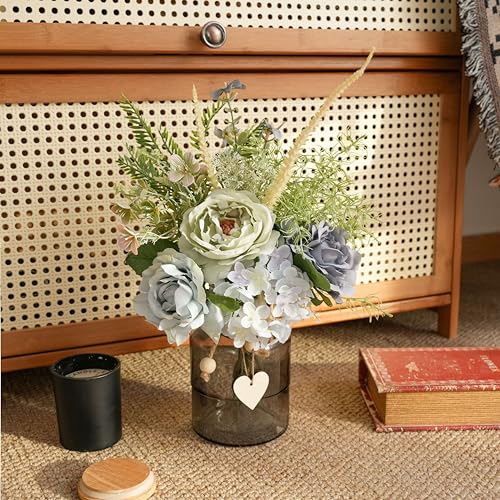 Fake Summer Flowers with Vase, Artificial Blue Dahlia & Rose Arrangement - color: Blue & Green
