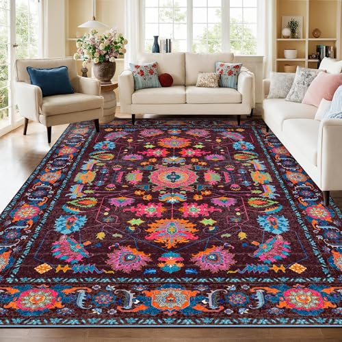 8x10 Vintage Botanical Burgundy Rose Living Room Area Rug Oriental Washable - color: Burgundy/Rose Fuchsia/Orange Soda/Azure, size: 8' x 10' (Rectangular)