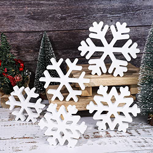 Augisteen 5 Pieces Christmas Wooden Snowflake Decor Winter Snowflake Wood Blocks White Snowflake Table Wood Signs Winter Tiered Tray Wooden Signs for Xmas Party Farmhouse Home Tabletop Shelves