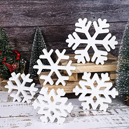 Augisteen 5 Pieces Christmas Wooden Snowflake Decor Winter Snowflake Wood Blocks White Snowflake Table Wood Signs Winter Tiered Tray Wooden Signs for Xmas Party Farmhouse Home Tabletop Shelves