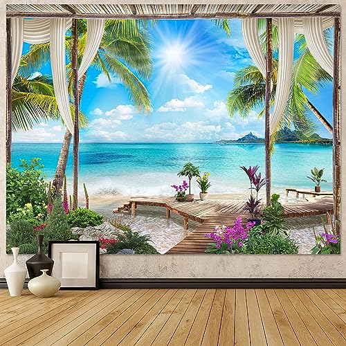Leeisysme Beach Landscape Tapestry, Tropic Ocean Sea Island Palm Tree Seaside Tapestries for Living Room Summer Window Wall Hanging 36×48 Inch - color: Island, size: 48"L x 36"W