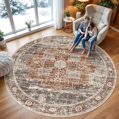 RUUGME Washable 9 ft Round Area Rug - Large Boho Rugs for Living Room Stain Resistant Carpet Vintage Tribal Rugs for Bedroom Kitchen Bathroom with Non Slip Backing Decor Floor Mat 9ft Brick - color: Brick, size: 9' (Round)