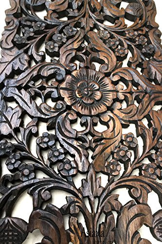 Large Carved Wood Floral Wall Panel. Tropical Asian Home Decor in Dark Brown Finish, Size 35.5"x13.5"