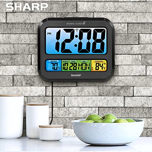 Sharp Atomic Digital Clock, 3" Color Display, Indoor/Outdoor Temp Sensor
