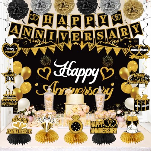 Turypaty Happy Wedding Anniversary Decorations Kit Supplies Black Gold