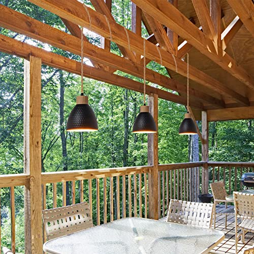 3-Light Plug in Pendant Light 22FT Industrial Hanging Lamp with Twisted Hemp Rope Independent Triple Switch Hanging Light Chandelier for Dining Room Kitchen, Black Finish - color: A 3 Lights