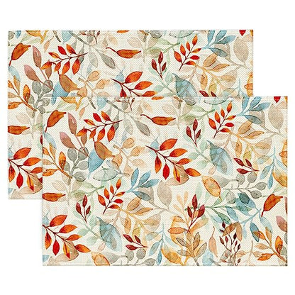 Artoid Mode Eucalyptus Leaves Fall Placemats Set of 2, 12x18 Inch Autumn Thanksgiving Table Mats for Table Runner Party Kitchen Dining Decoration - size: 12" x 18", Rectangular Set of 2