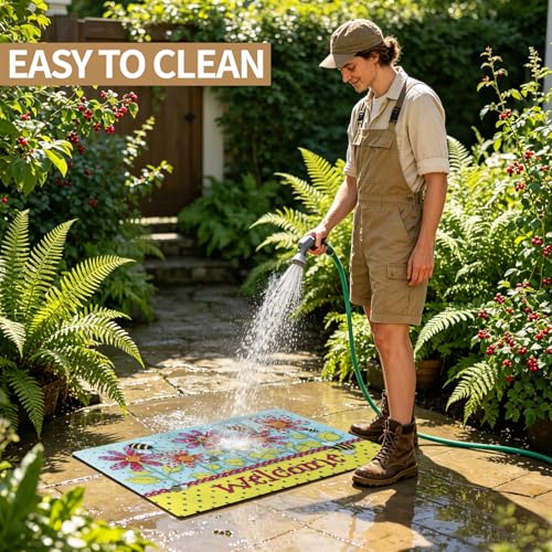 Welcome Mat 17x29 Non Slip Rubber Back Door Mat Outside Entrance - color: Polka-dot Bee