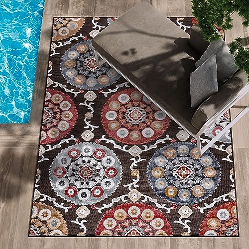 CAMILSON Indoor Outdoor Rug 6x9 Bohemian Medallion Floral Area Rugs for Indoor and Outdoor Patios Easy-Cleaning Non-Shedding Living Room Garden and Kitchen Washable Outside Carpet (6 x 9 / Brown) - color: 3003 Brown, size: 6' x 9' (Rectangular)