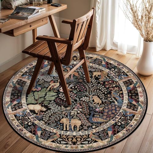 4ft Round Rug Circular Animal Print Area Rug Low Pile Indoor Rug - color: Black/Multi, size: 4' (Round)