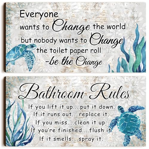 Jetec 2 Pcs Turtle Bathroom Wall Decor Wooden Sign 12 x 6 Inch Sea Turtle - style: Sea Turtles Style