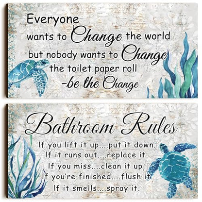 Jetec 2 Pcs Turtle Bathroom Wall Decor Wooden Sign 12 x 6 Inch Sea Turtle - style: Sea Turtles Style