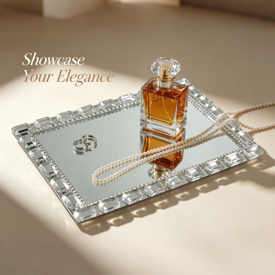 Crystal Mirror Perfume Tray, 11.8" x 7.9" Rectangle Glass Trays - color: Silver C