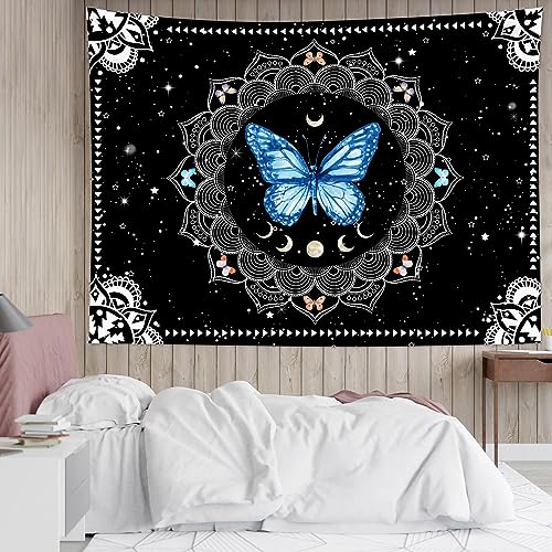 LB Butterfly Mandala Wall Tapestry Blue Butterfly Black and White Mandala Bohemian Tapestry Wall Hanging Star Moon Phase Aesthetic Wall Decor for Bedroom Living Room Decor Home Decor 80Wx60L Inches - color: Blue, size: 60"L x 80"W