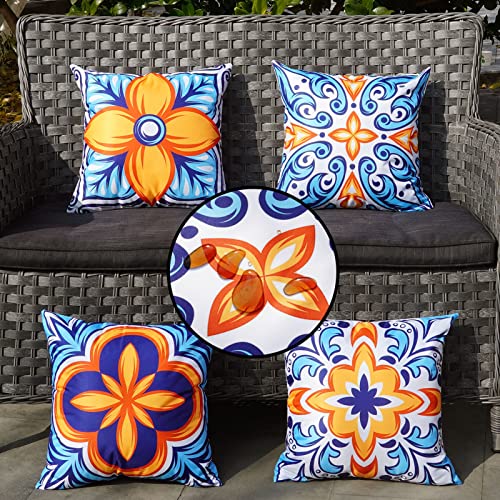 ONWAY Outdoor Pillow Covers Waterproof 16x16 Set of 4 Floral Boho Decorative Throw Cushion Cover Farmhouse Pillows for Bench Couch Patio Furniture - color: Blueorange, size: 16" x 16" (Pack of 4)