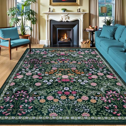 PLHXFR Area Rug 9x12 Living Room: Floral Washable Boho Carpet Dark Green - color: Dark Green, size: 9' x 12' (Rectangular)