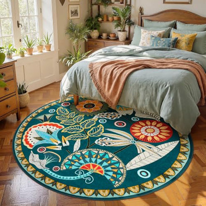 Joydeco Egypt Floral 5FT Round Rug, Washable Circle Bedroom Playroom Rug - color: Dark Green, size: 5' (Round)