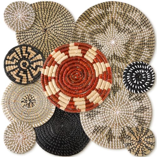 Tatuo 11 Pcs Boho Wall Basket Decor Woven Wall Hanging Art, Dark - style: Dark