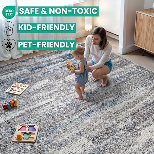 Bloom Rugs Washable Non-Slip 2' x 3' Rug - Gray/Blue/Blush Modern Abstract Area Rug for Living Room, Bedroom, Dining Room, and Kitchen - Exact Size: 2' x 3' - color: Gray / Blue / Blush, size: 2' x 3' (Rectangular)