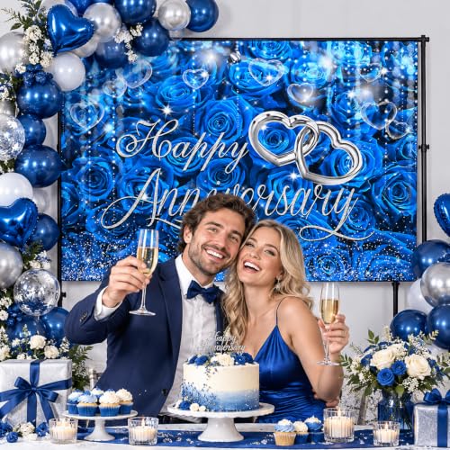 Mocsicka Happy Anniversary 배경, 블루 앤 실버, 2.1x1.5m(7x5피트) - color: 블루., size: M-(82x60 inch)