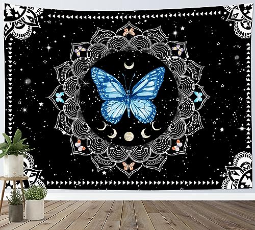 LB Butterfly Mandala Wall Tapestry Blue Butterfly Black and White Mandala Bohemian Tapestry Wall Hanging Star Moon Phase Aesthetic Wall Art for Bedroom Living Room Decor Home Decor 59Wx51L Inches - color: Blue, size: 51"L x 59"W