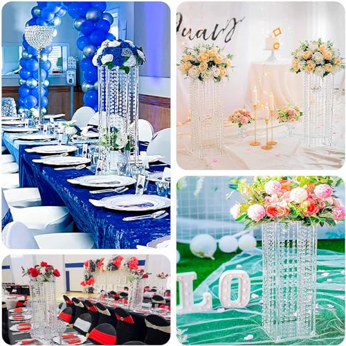 Efavormart 24" Heavy Duty Acrylic Flower Pedestal Vase with Hanging Crystal Beads, Clear Pillar Stand Wedding Table Centerpieces with Pre-Chained Garlands - 5mm Thick Plates - size: 24‘’