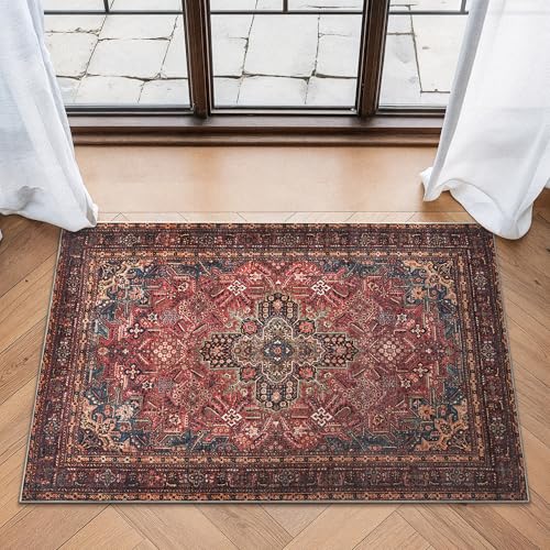 Bloom Rugs Washable Non-Slip 2' x 3' Rug - Red/Teal Blue/Yellow Traditional Medallion Area Rug for Living Room, Bedroom, Dining Room, and Kitchen - Exact Size: 2' x 3' - color: Red/Teal Blue/Yellow, size: 2' x 3' (Rectangular)