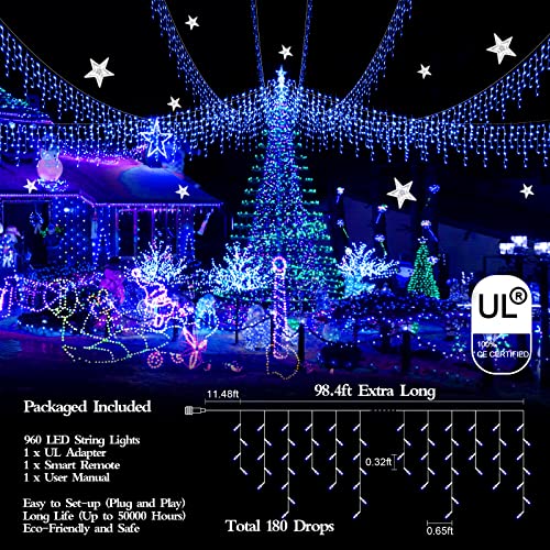 FLVOECN 98FT 960 LED Christmas Lights, Waterproof 8 Modes Ice Lights for Outside with Memory and Timer Hanging Fairy Lights Plug-in Curtain String Lights for Holiday Party Wedding Home (Blue) - color: Grass Green
