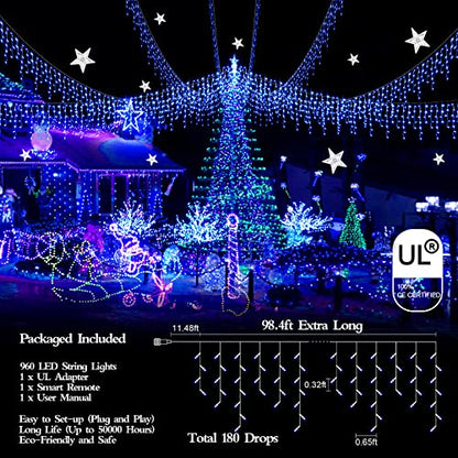 FLVOECN 98FT 960 LED Christmas Lights, Waterproof 8 Modes Ice Lights for Outside with Memory and Timer Hanging Fairy Lights Plug-in Curtain String Lights for Holiday Party Wedding Home (Blue) - color: Grass Green