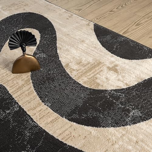 Beige Black Swirl Modern Area Rug – 5' x 8' – Contemporary Abstract Design – Terra Collection – Non-Shedding, Fade-Resistant, Easy to Clean – Durable for High Traffic Areas – Living Room & Bedroom - size: 5'3" x 7'6" (Rectangular)