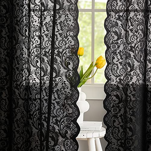 ALIGOGO Black Lace Curtains for Bedroom, Gothic Style, 52W x 63L Inch - color: Black, size: 52"W x 63"L (Pack of 2)