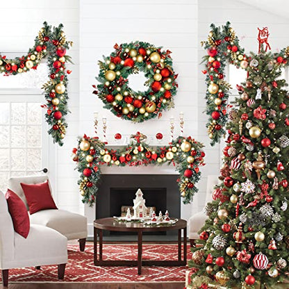 WANNA-CUL Pre-Lit 9ft Christmas Garland with Lights 50 LED Red Gold Baubles - color: 02-red Gold