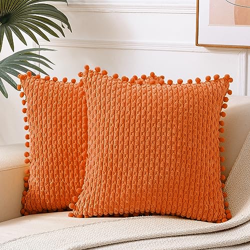 Fancy Homi Set of 2 Orange Fall Decorative Throw Pillow Covers 18x18 Inch with Pom-poms for Couch Bedroom, Halloween Pumpkin Autumn Home Decor, Soft Plush Corduroy Cute Cushion Case 45x45 cm - color: Orange, size: 18" x 18" (Pack of 2)