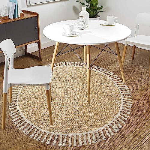 Collive Hand Woven Circle Area Rug, Soft Hand Woven Cotton Washable Carpet - color: Tan/Cream, size: 4' (Round)
