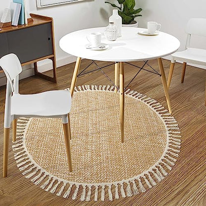 Collive Hand Woven Circle Area Rug, Soft Hand Woven Cotton Washable Carpet - color: Tan/Cream, size: 4' (Round)