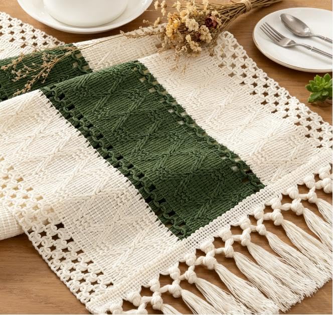 Boho Macrame Table Runner Ivory Olive Burlap Small Dresser Runner - color: Olive and White, size: 12" × 48"