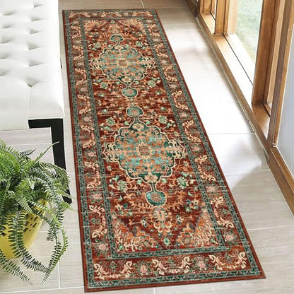 U'Artlines 2' x 6' Boho Hallway Runner Rug, Washable Carpet, Rust＆Teal - color: Rust＆teal, size: 2' x 6' (Runner)