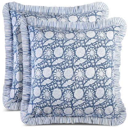 CPC Blue Meadow Block Print Ruffle Pillow Cover 18x18 Inch, Pack of 2 - color: Blue Meadow, size: 18" x 18" (Pack of 2)