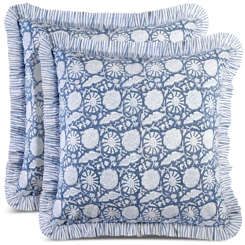 CPC Blue Meadow Block Print Ruffle Pillow Cover 18x18 Inch, Pack of 2 - color: Blue Meadow, size: 18" x 18" (Pack of 2)