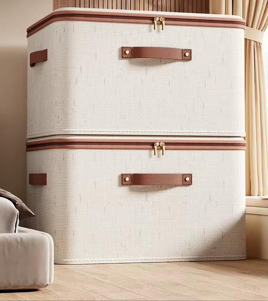 Storage Box with Lid & Zipper – 56L Large Cotton Linen Organizer Bin, Hardboard Structure, Gold Two-Way Zipper, Leather Handle, Foldable Closet Box for Clothes Blankets Toys, Beige