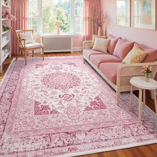 Macgace Washable Vintage Area Rug for Living Room, 6x9 Rugs Bright Pink - color: Pink & White, size: 8' x 10' (Rectangular)