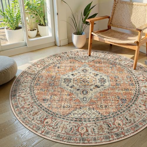 Lahome Oriental Washable Round Area Rug, Non-Slip Round Rugs 6ft Ultra-Thin - color: Terracotta, size: 6'(Round)