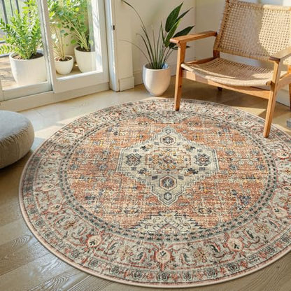 Lahome Oriental Washable Round Area Rug, Non-Slip Round Rugs 6ft Ultra-Thin - color: Terracotta, size: 6'(Round)