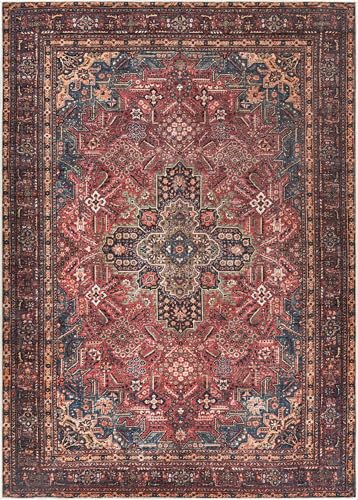Bloom Rugs Washable Non-Slip 2' x 3' Rug - Red/Teal Blue/Yellow Traditional Medallion Area Rug for Living Room, Bedroom, Dining Room, and Kitchen - Exact Size: 2' x 3' - color: Red/Teal Blue/Yellow, size: 2' x 3' (Rectangular)