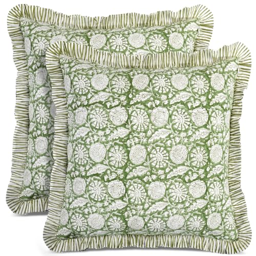 CPC Olive Bloom Block Print Ruffle Pillow Cover 18x18 Inch, Pack of 2 - color: Olive Bloom, size: 18" x 18" (Pack of 2)