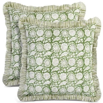 CPC Olive Bloom Block Print Ruffle Pillow Cover 18x18 Inch, Pack of 2 - color: Olive Bloom, size: 18" x 18" (Pack of 2)