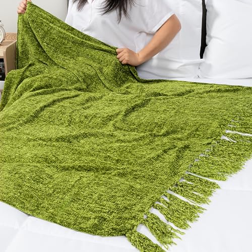PAVILIA Chenille Throw Blanket, Knit Twin Size Tassel Throw, Olive 60x80 - color: Olive, size: 60 X 80 Inches - Twin