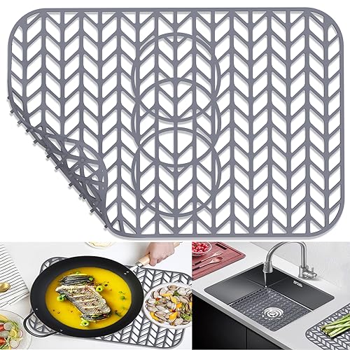 AWOKE Sink Protectors for Kitchen Sink - 19"x 13" Sink Mat - Heat resistant Easy-clean Silicone Sink Mat - for Protection of Stainless Steel Sink - with 3 Reserved Holes (Grey) - size: 19 x 13