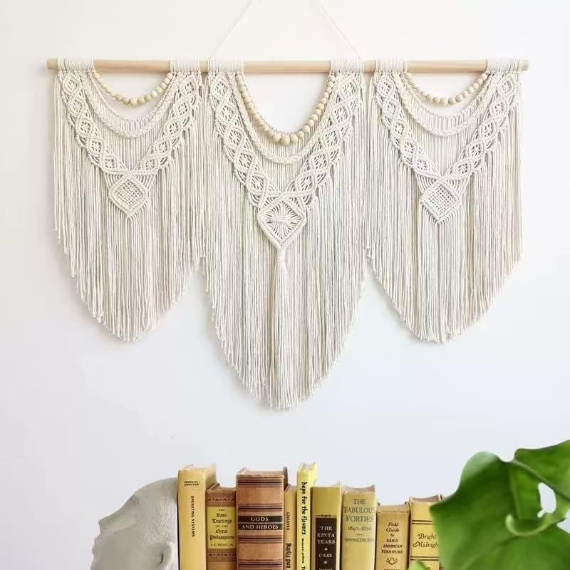oiikain Large Macrame Wall Hanging, Boho Tapestry Wall Decor, 43 x 32 Inch - color: Beige Wood Beads